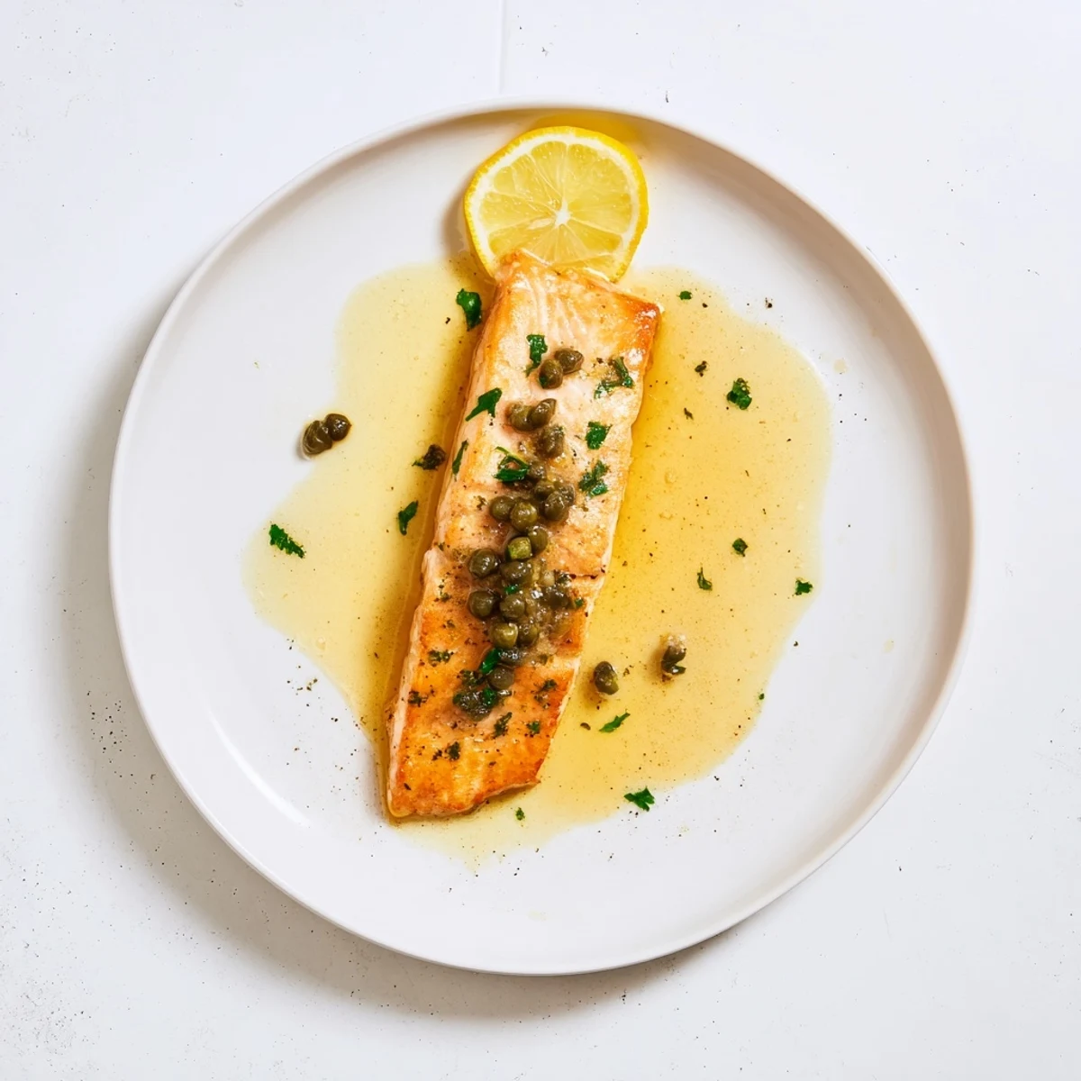 Pan seared Salmon Piccata glistening with lemon and caper sauce