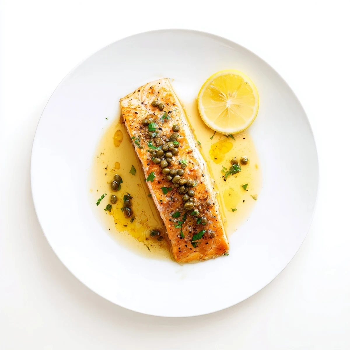 Warm Salmon Piccata resting in a buttery lemon and caper skillet sauce