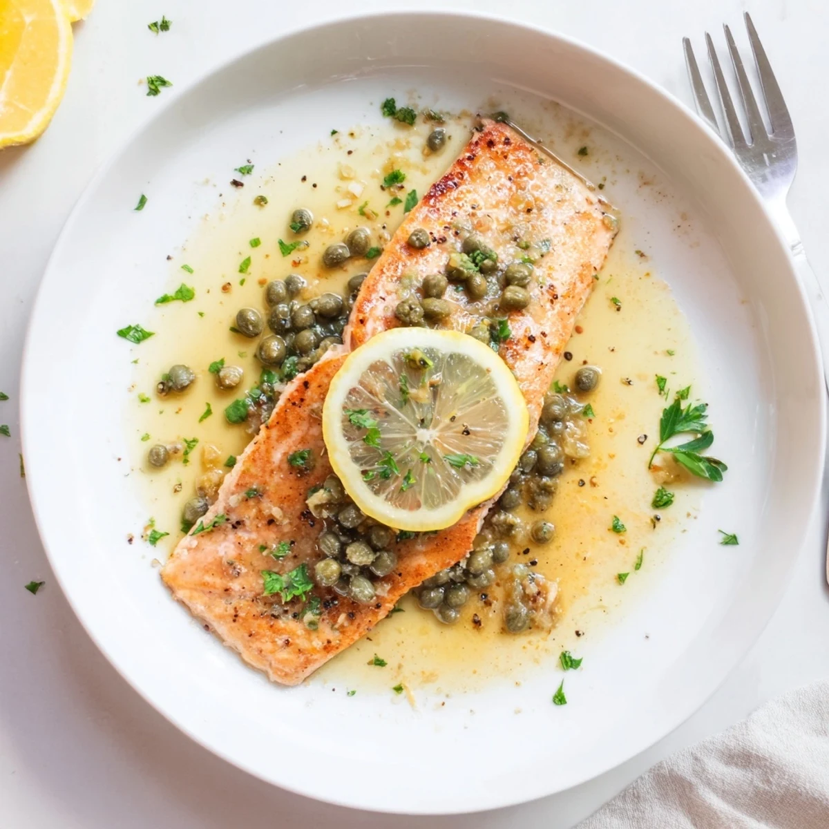 Crispy skinned Salmon Piccata served over angel hair pasta, bright lemon