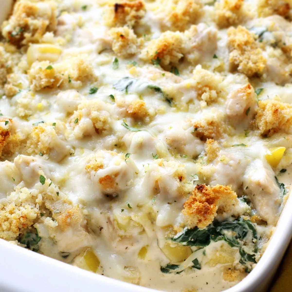 Creamy Chicken Spinach Casserole with bubbling golden cheese in a rustic baking dish