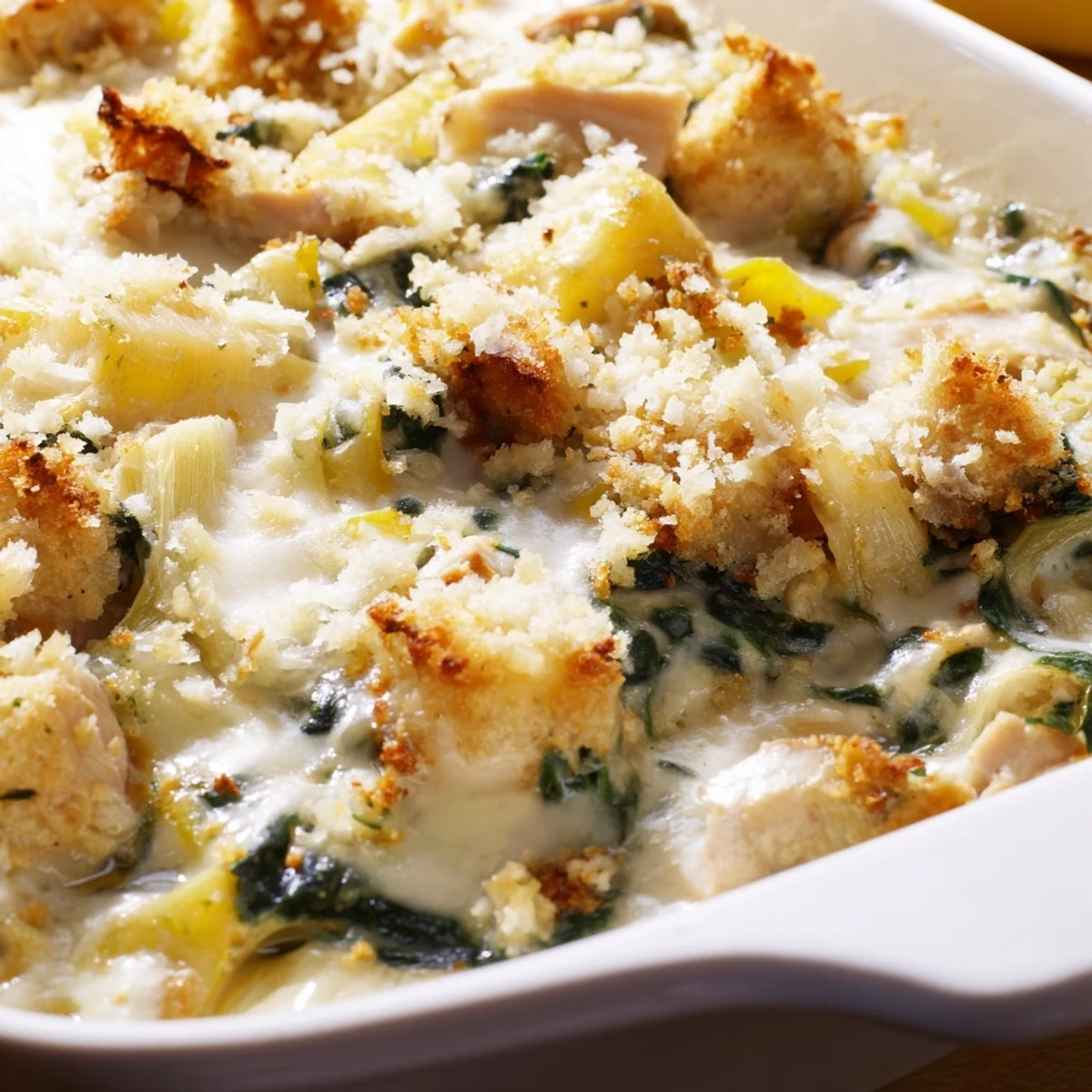 Creamy Chicken Spinach Casserole topped with crispy breadcrumbs and served steaming hot