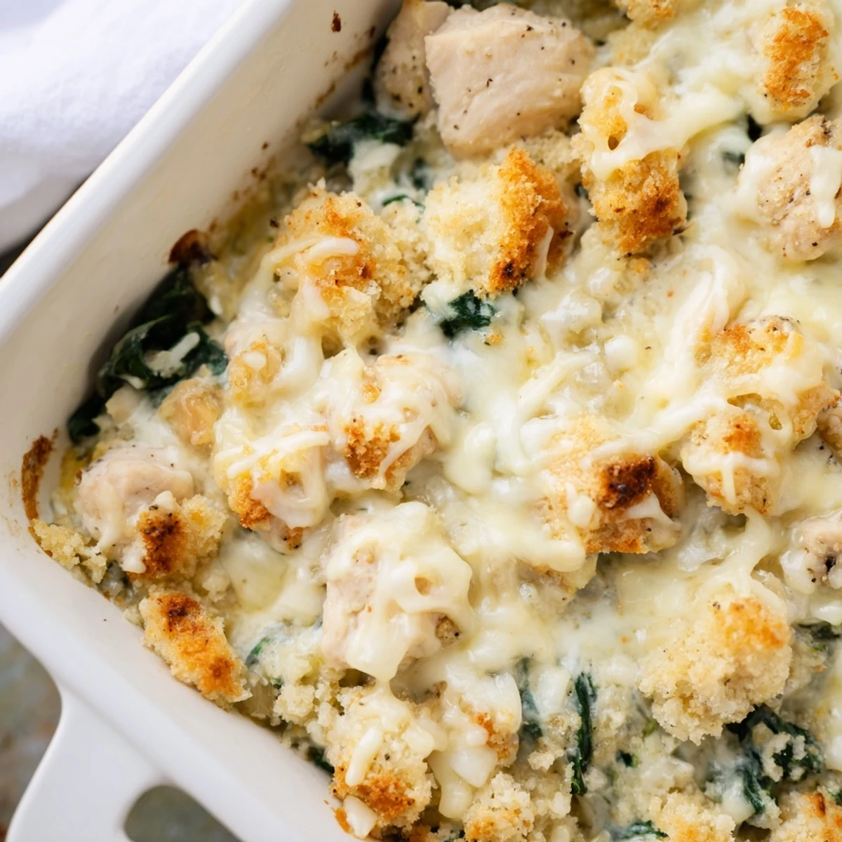 Creamy Chicken Spinach Casserole spooned onto a plate revealing tender chicken and wilted spinach