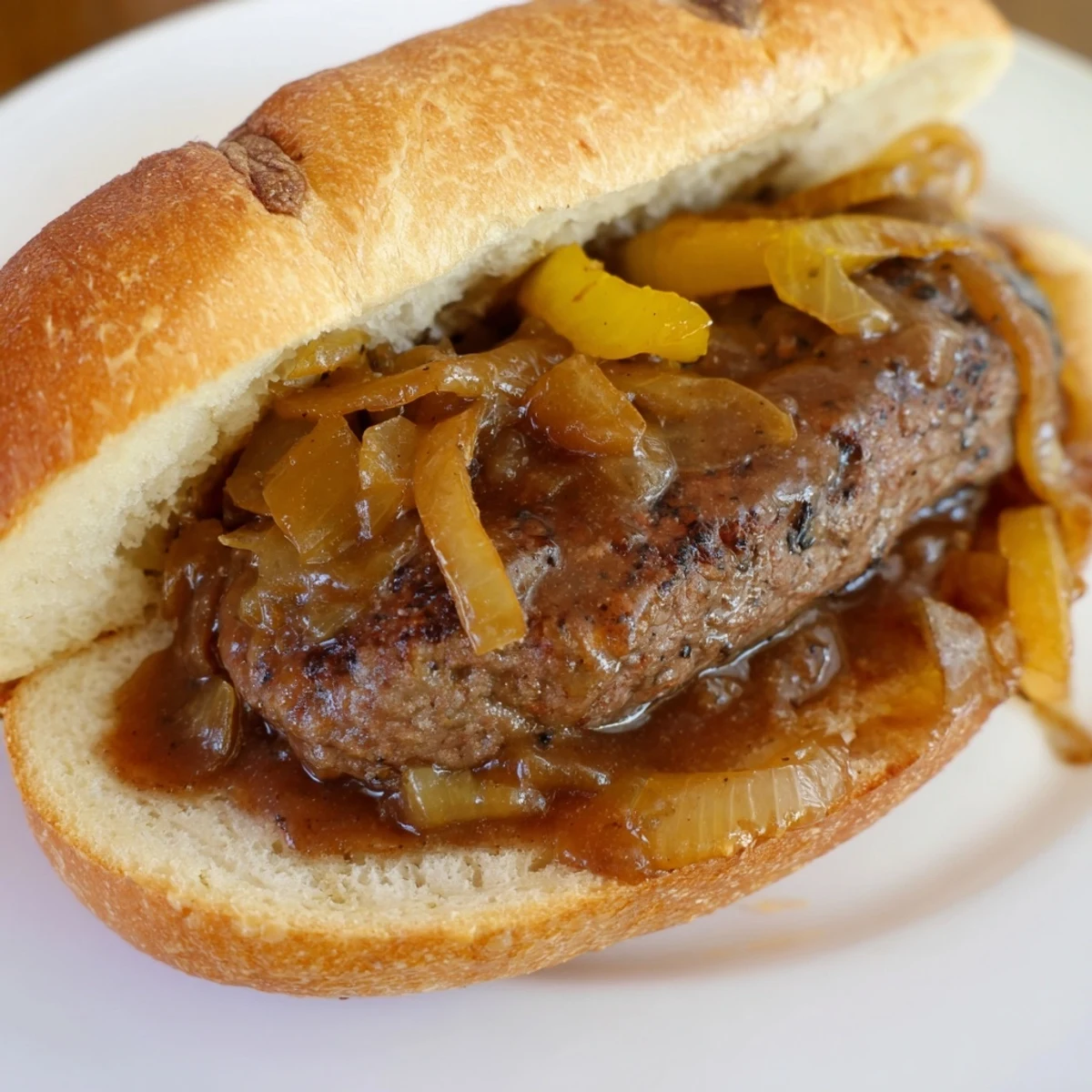 Juicy Smothered Hamburger Steak Sandwiches dripping with rich, golden onion gravy on toasted hoagie rolls
