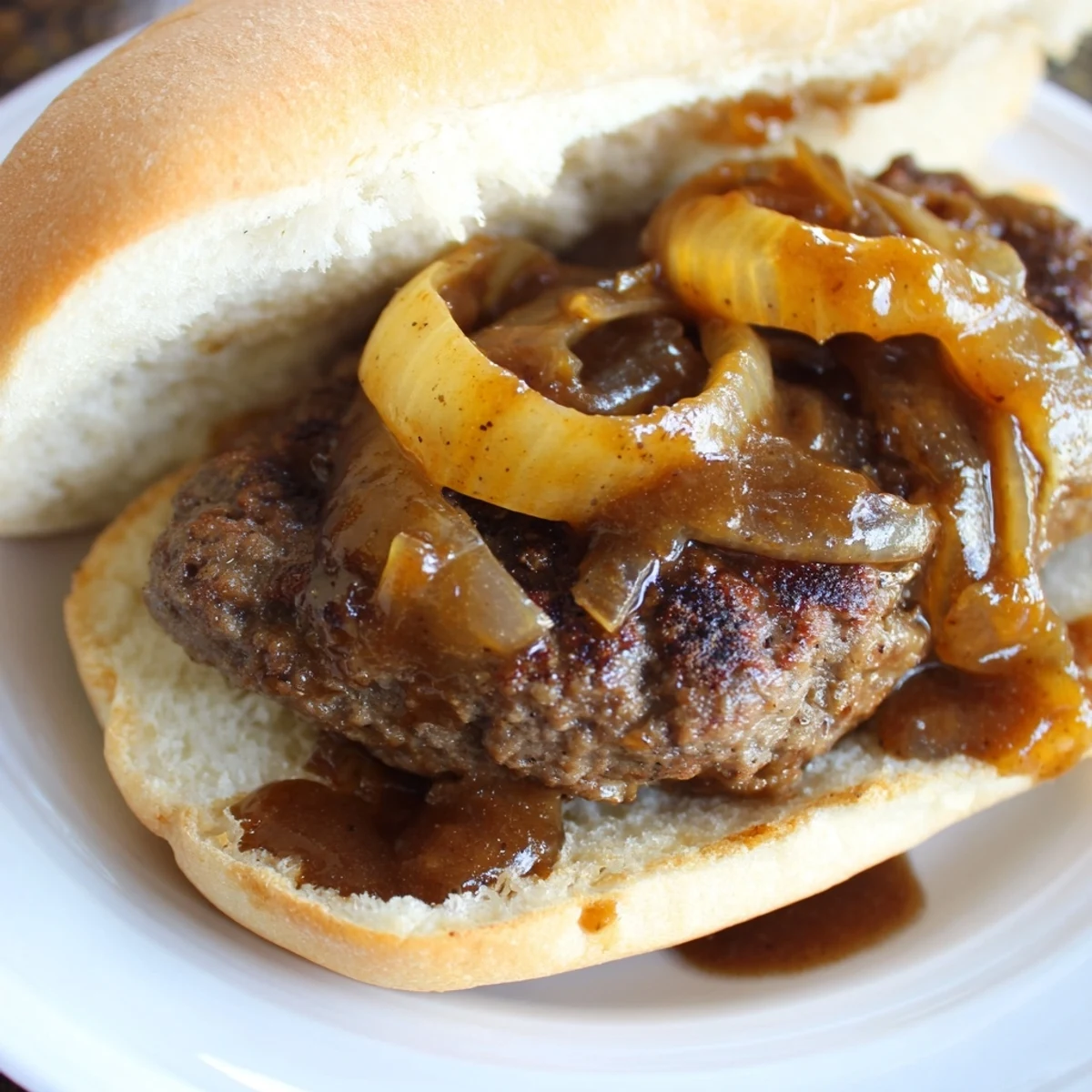 Thick beef patties nestled in soft buns, swimming in savory caramelized onion gravy for a comforting diner-style meal