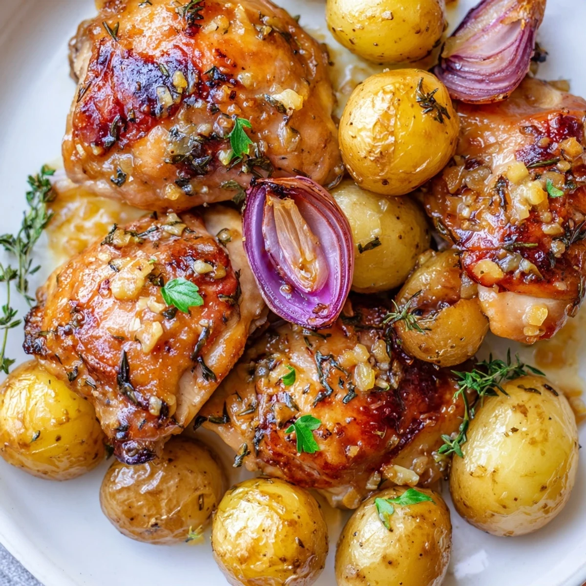 Golden crispy baked honey lemon chicken and potatoes glazed in a sweet tangy sauce