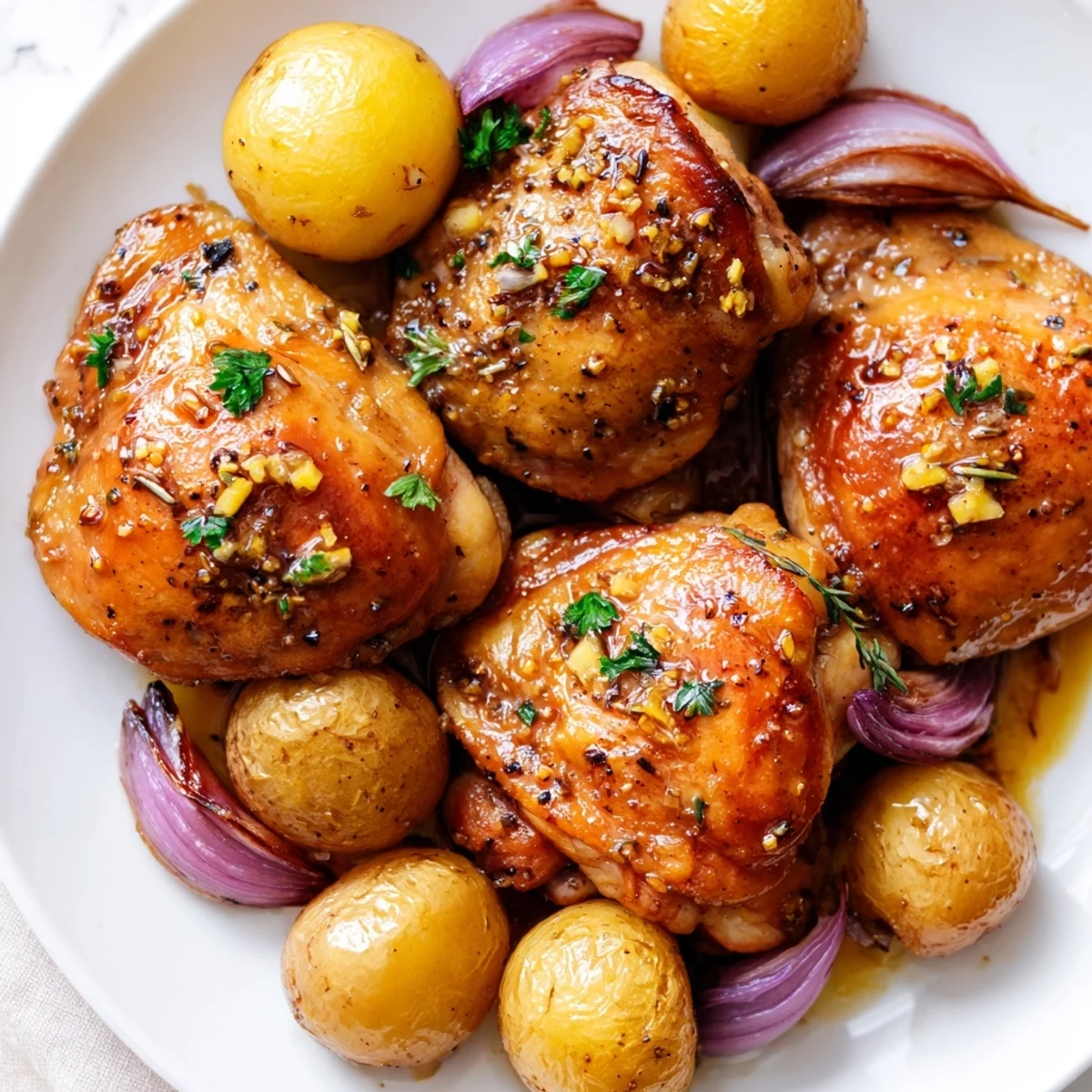 Juicy baked honey lemon chicken and potatoes drizzled with pan juices and fresh parsley