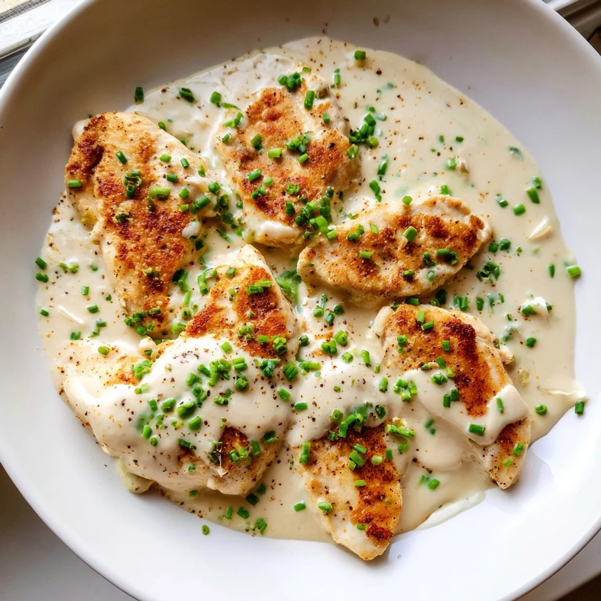 Cream cheese chicken smothered in a velvety garlic herb sauce on a rustic plate