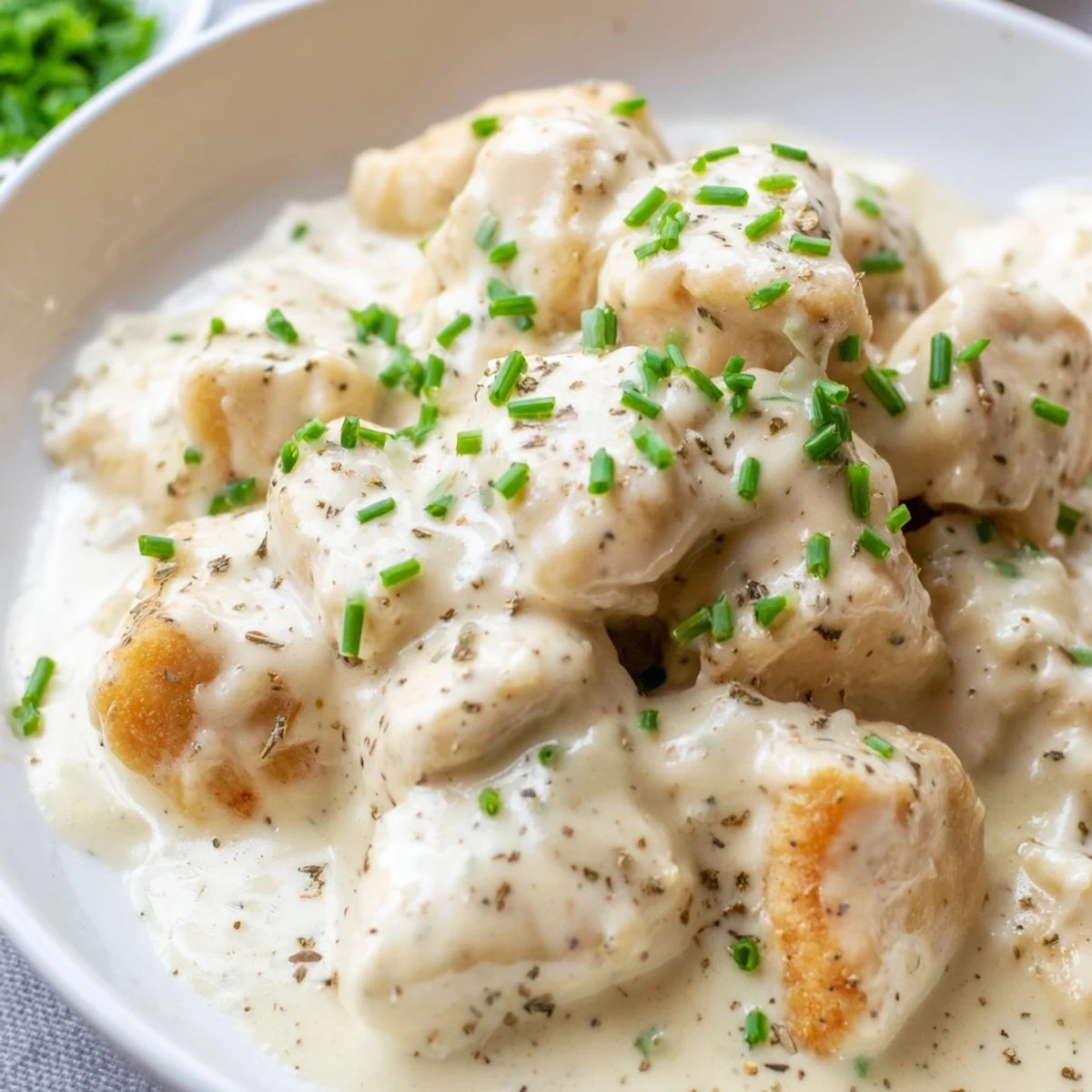 Golden seared cream cheese chicken nestled in a bubbling Parmesan sauce with fresh chives