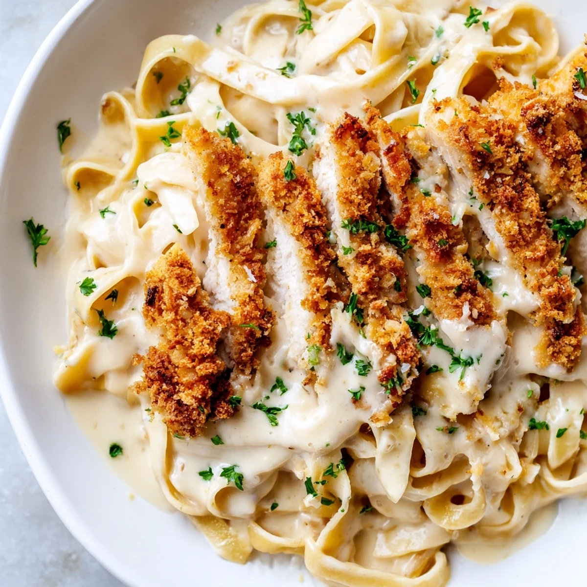 Crispy chicken Alfredo with golden breaded cutlets resting on creamy Parmesan fettuccine