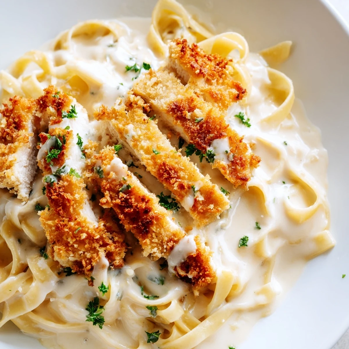 Creamy family friendly crispy chicken Alfredo topped with fresh parsley garnish