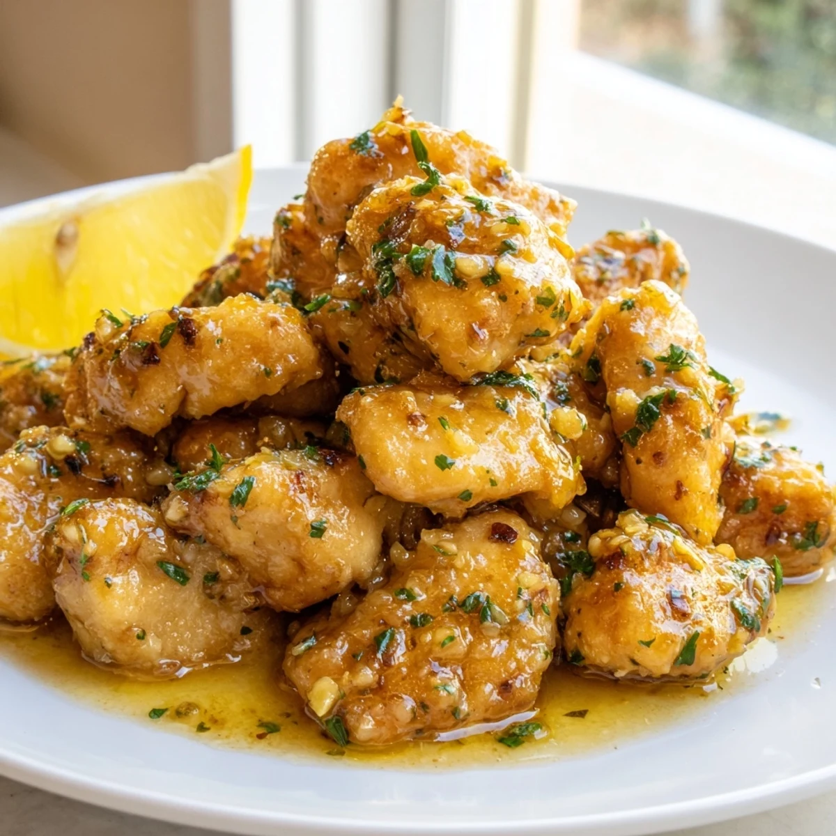 Golden garlic butter baked chicken breast glistening in a rustic baking dish