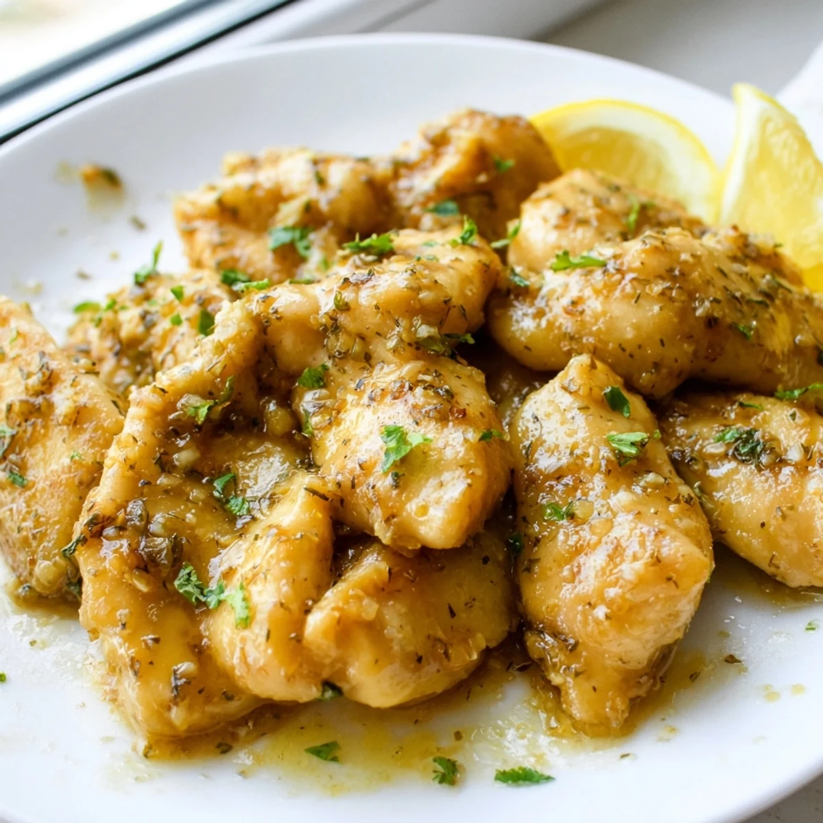 Savory garlic butter baked chicken breast garnished with parsley and fresh lemon wedges