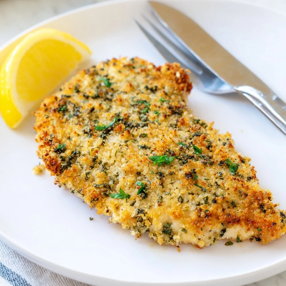 Golden crispy savory herbed Parmesan chicken on a baking sheet fresh from the oven