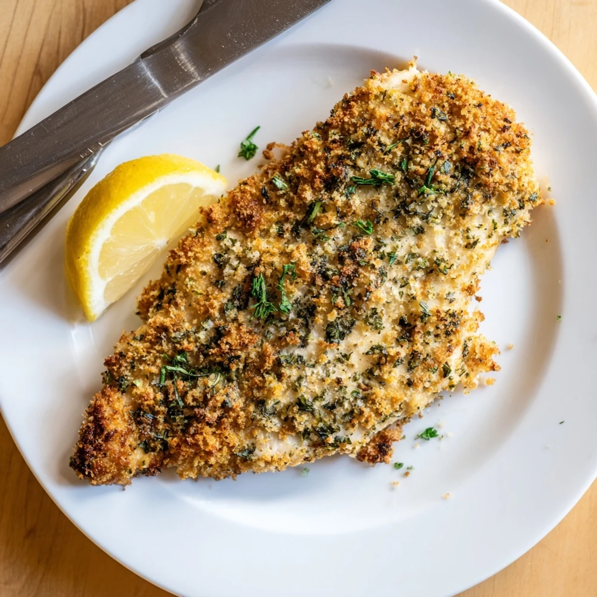Juicy savory herbed Parmesan chicken sliced open revealing tender meat with herb crust