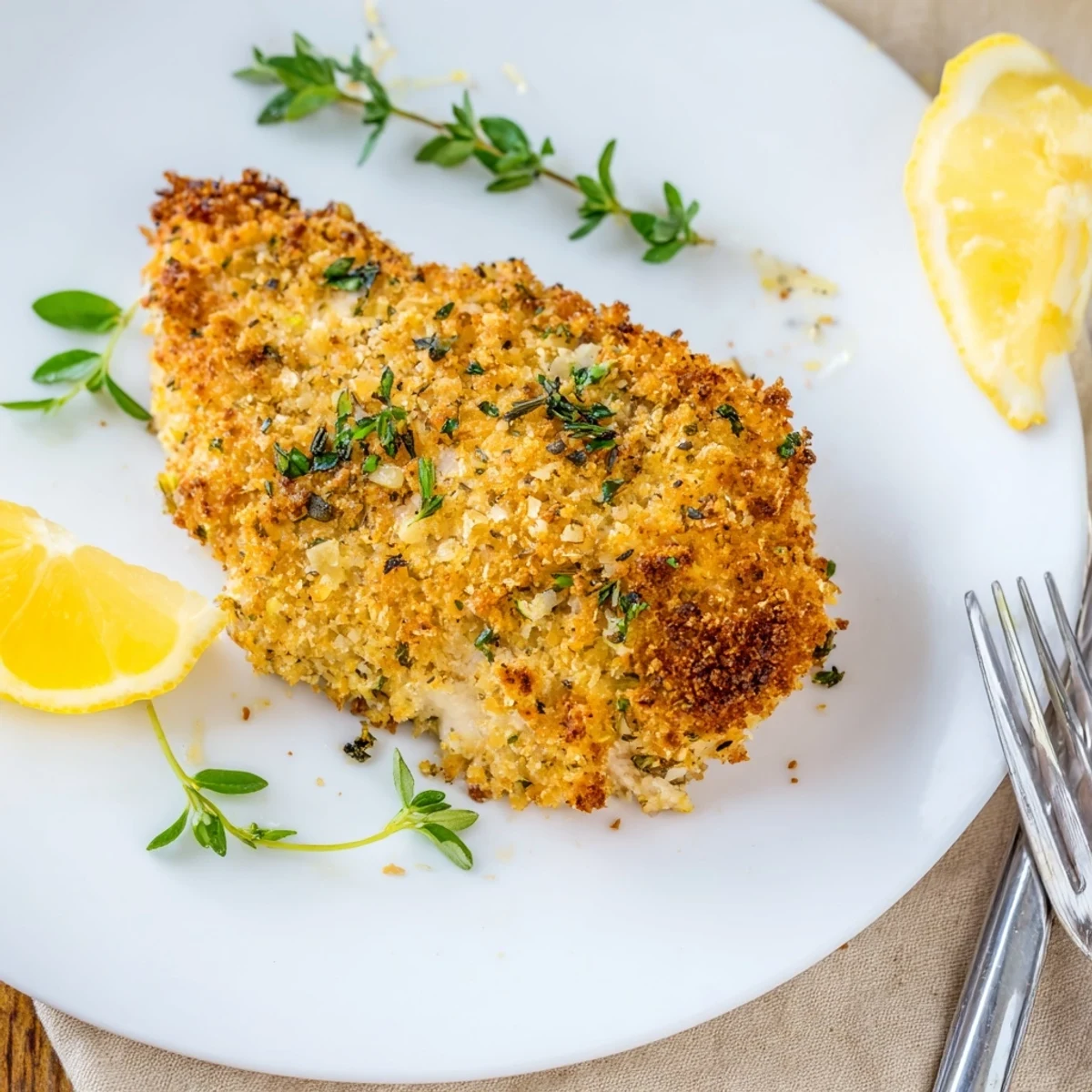 Savory herbed Parmesan chicken plated with lemon wedges and fresh parsley garnish