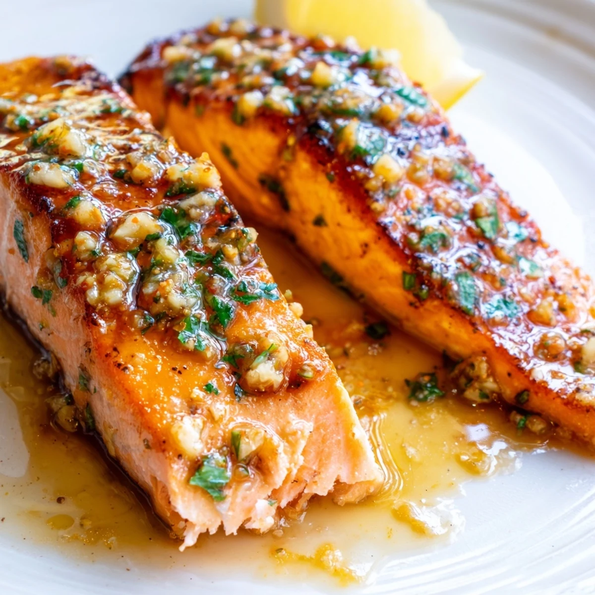 Golden garlic butter salmon fillets glistening with lemon herb sauce on a white plate