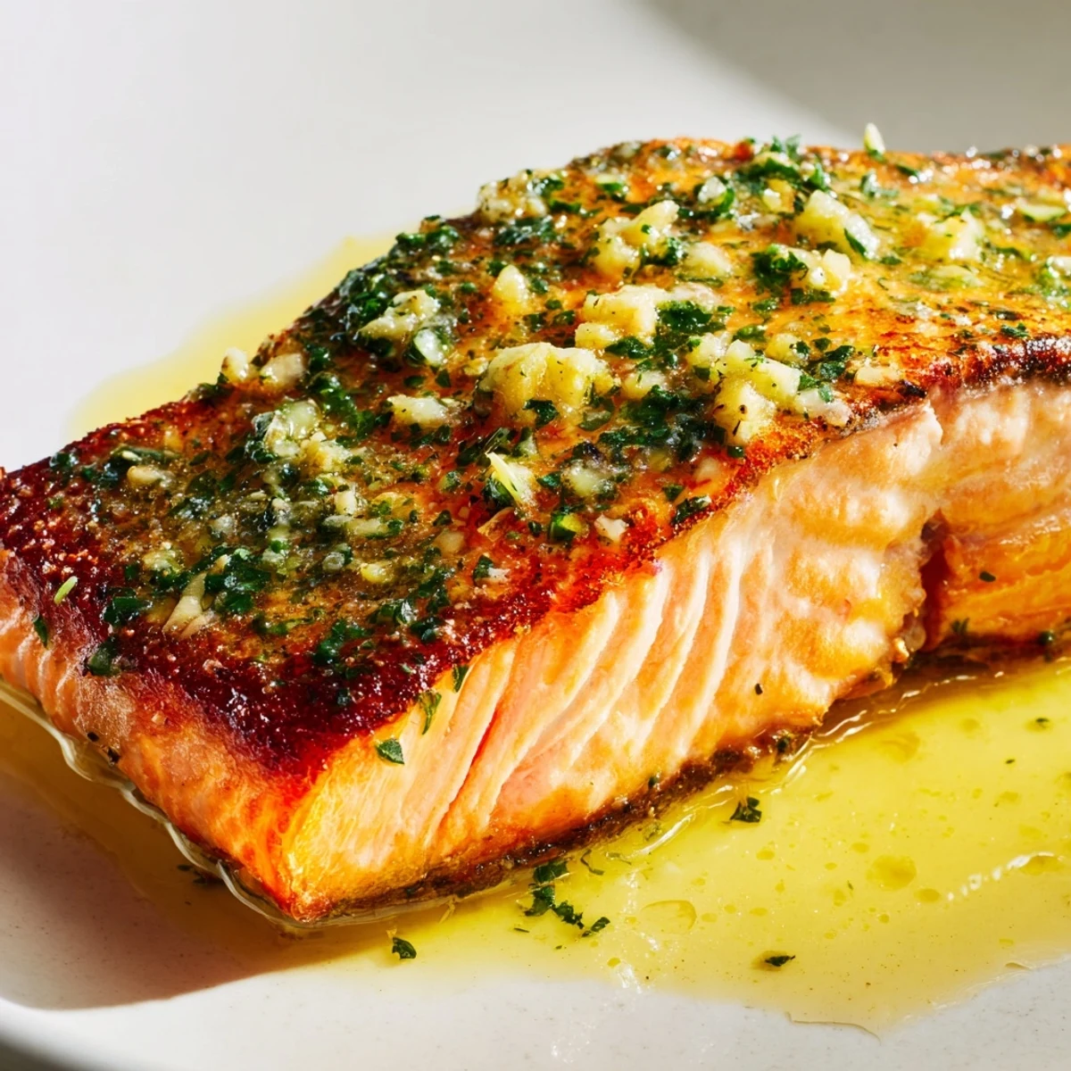 Pan-seared garlic butter salmon topped with melted butter and fresh parsley garnish