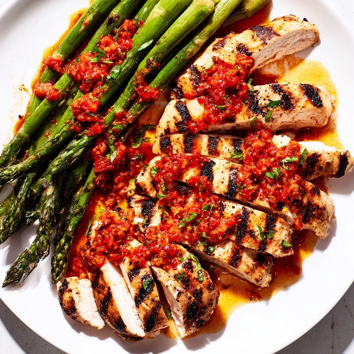 Juicy grilled chicken with asparagus drizzled in vibrant Calabrian chili sauce on a white plate.