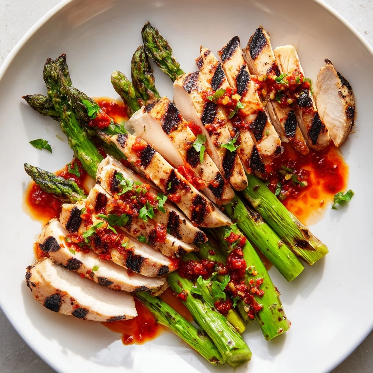 Smoky grilled asparagus and sliced chicken breast topped with spicy red Calabrian chili sauce.