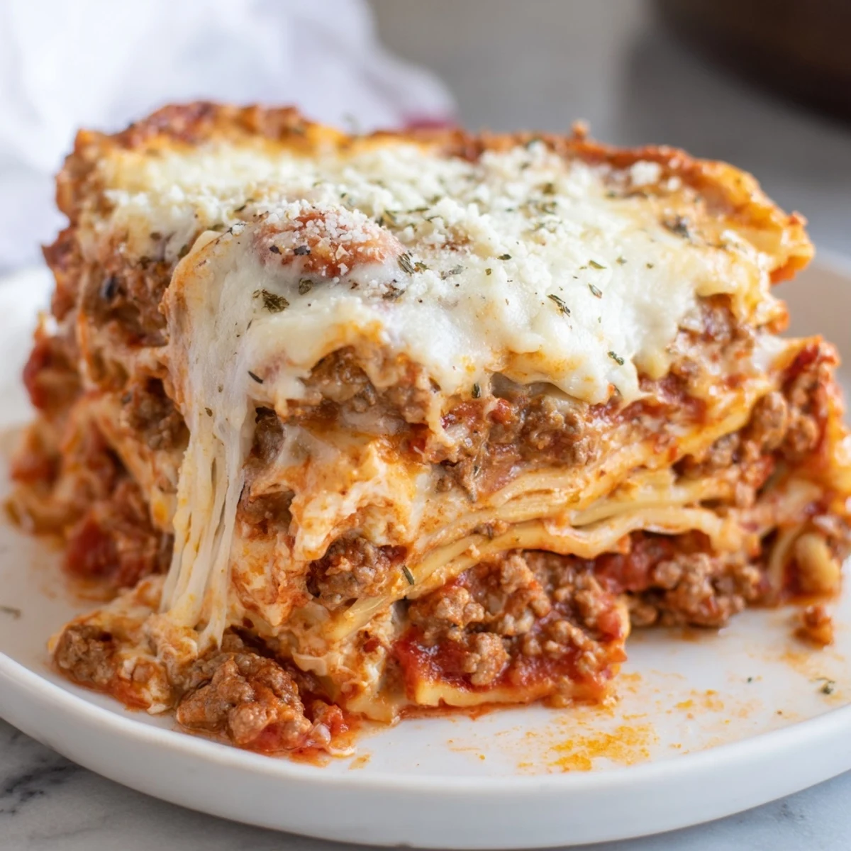 Golden baked cheesy lasagna pie with bubbling mozzarella and rich meat sauce