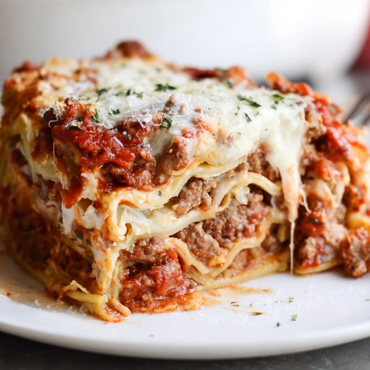 Creamy ricotta and gooey cheese layers in a hearty lasagna pie slice