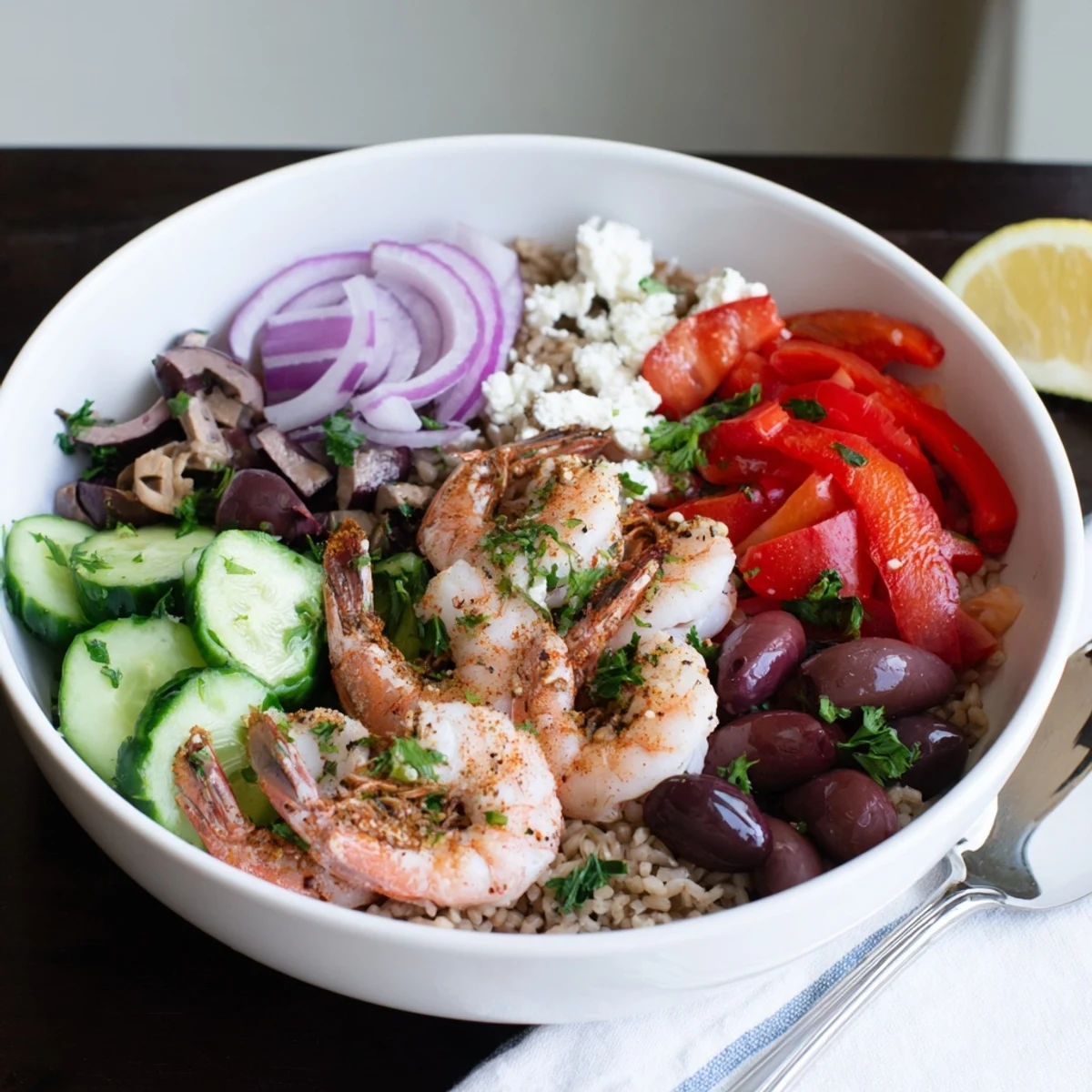 Golden seared Greek shrimp Mediterranean bowl with juicy tomatoes, cool cucumber, and tangy feta