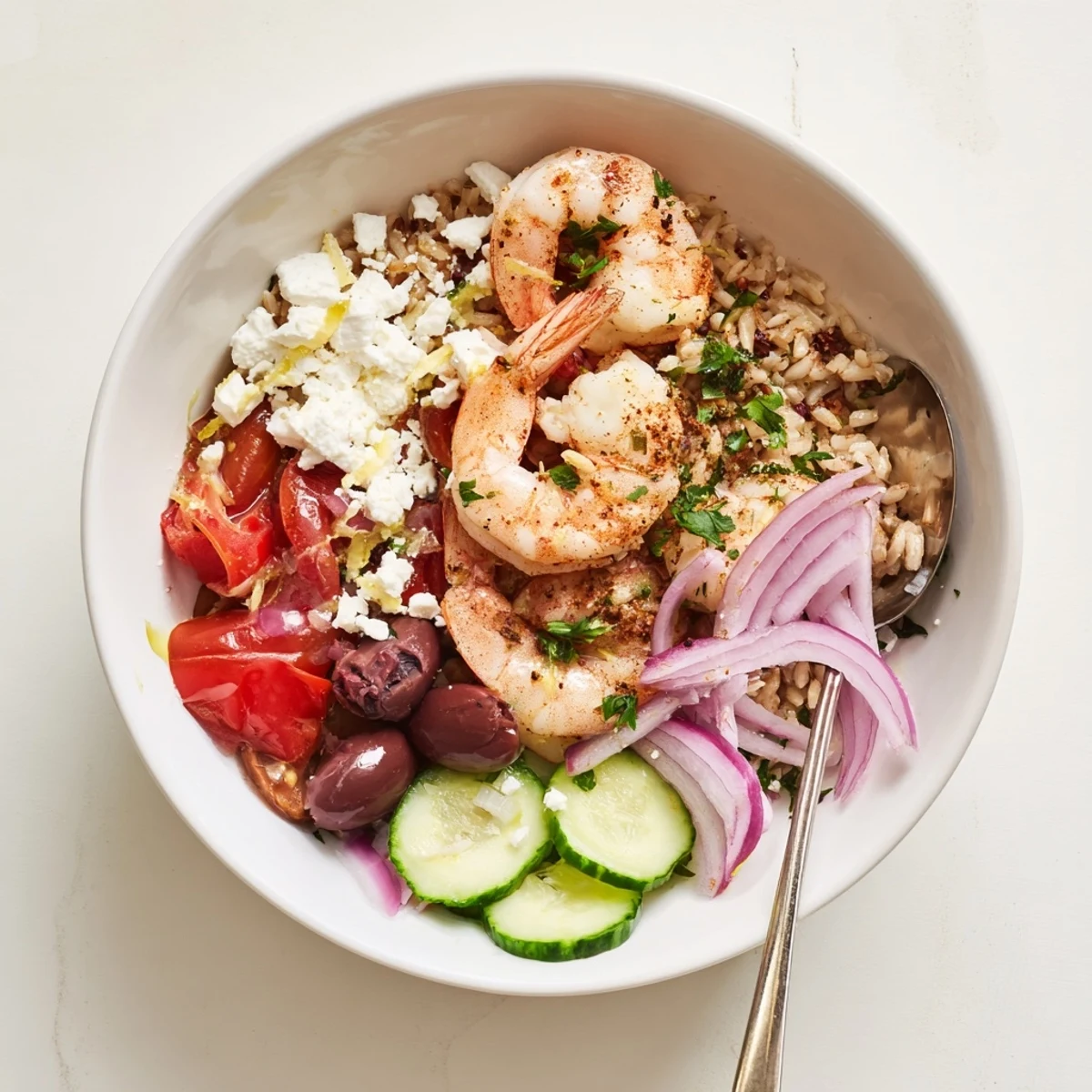 Vibrant Greek shrimp Mediterranean bowl drizzled with zesty lemon herb dressing and fresh parsley