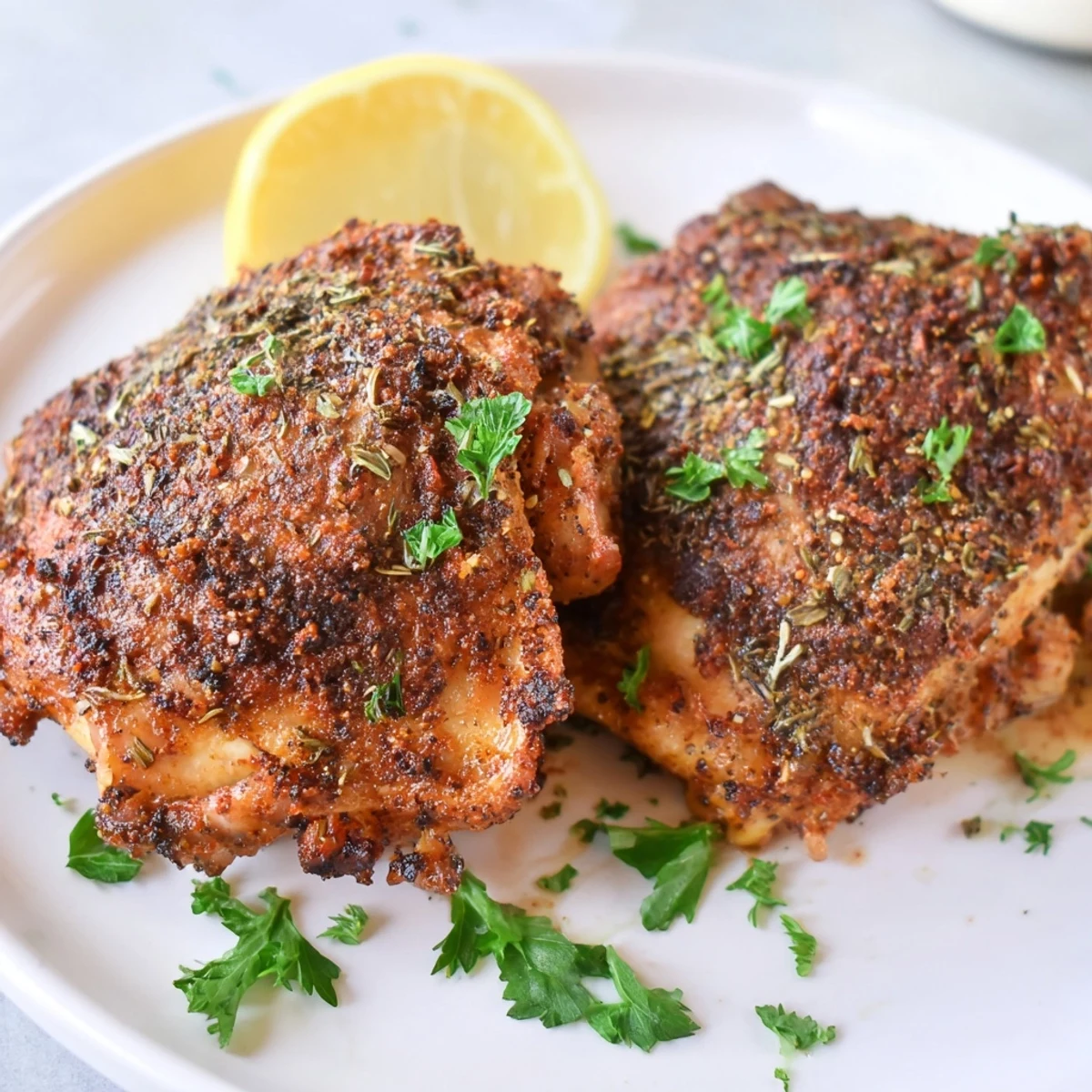 Golden crispy oven baked chicken thighs with herb seasoning on a rustic baking sheet