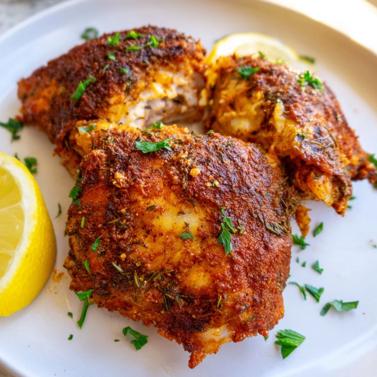 Juicy oven baked chicken thighs garnished with fresh parsley and bright lemon wedges