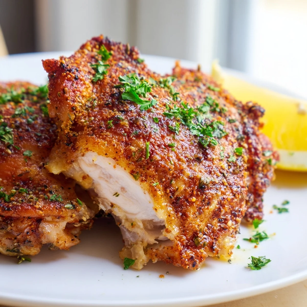 Perfectly roasted oven baked chicken thighs with crispy golden skin served on a white plate