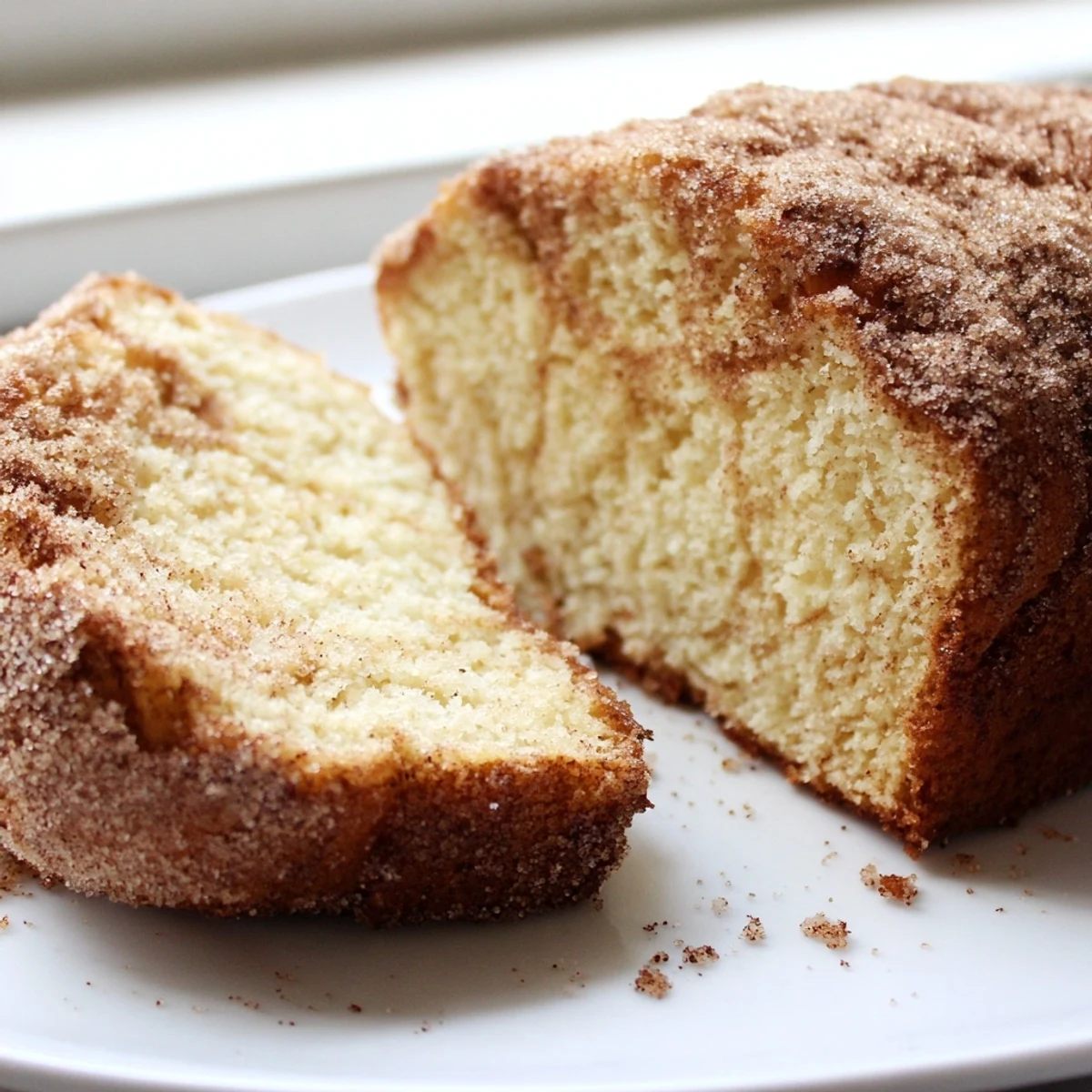 Warm cinnamon donut loaf sliced thick with a golden cinnamon-sugar crusted top