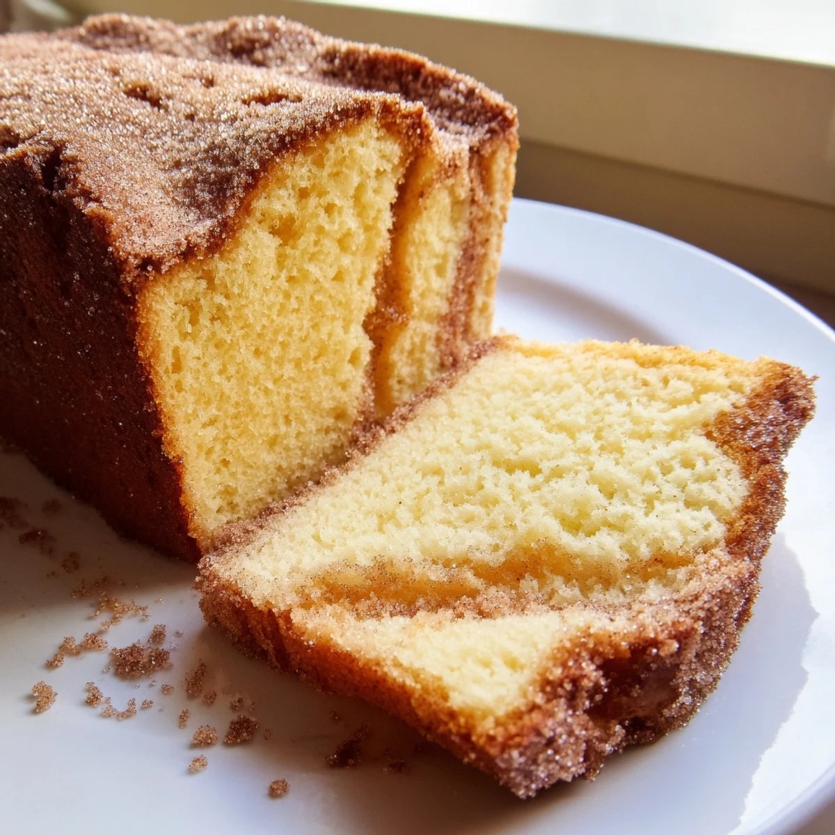 Moist cinnamon donut loaf fresh from the oven coated in sweet cinnamon sugar