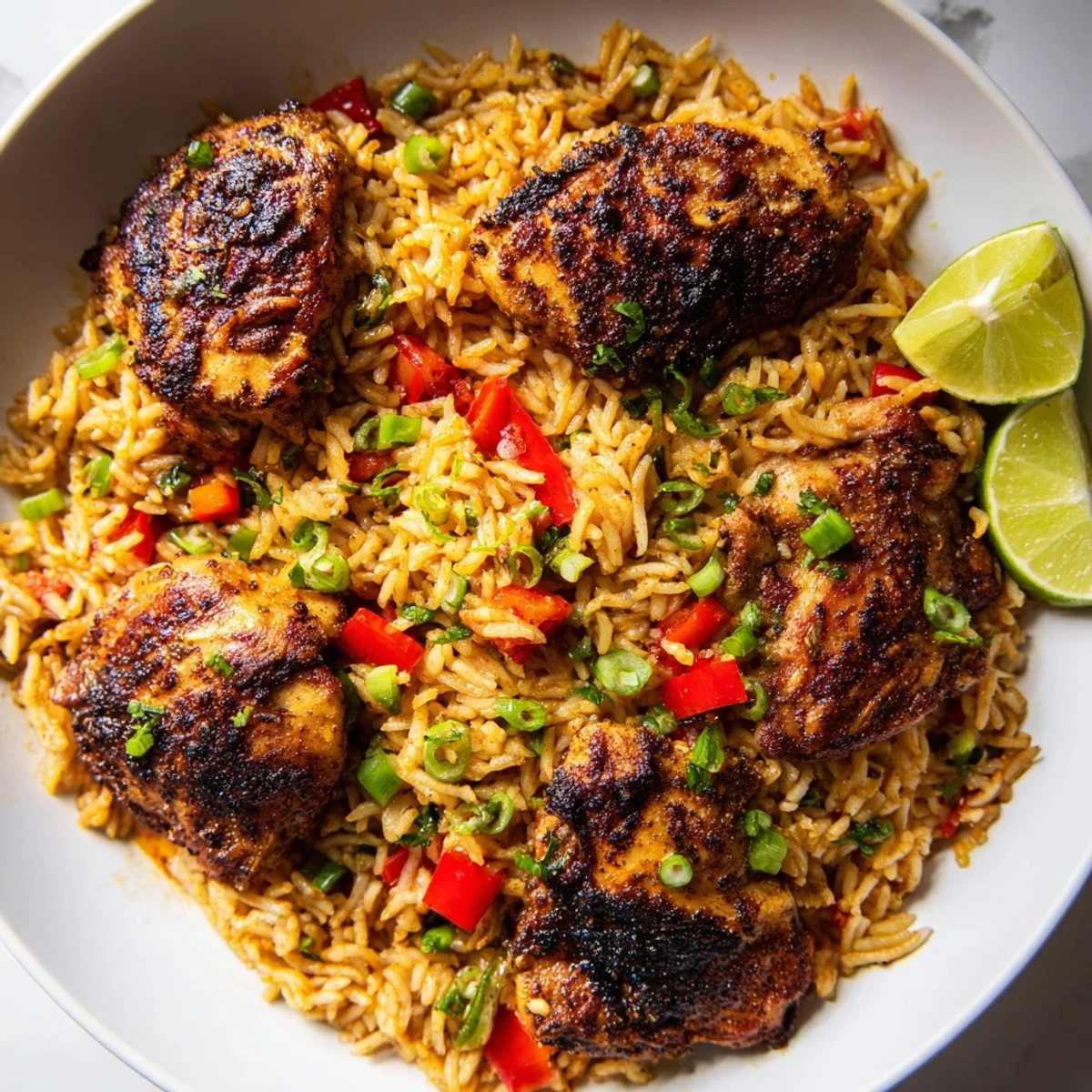 Golden jerk chicken thighs nestled in fragrant spiced rice with colorful bell peppers and fresh herbs
