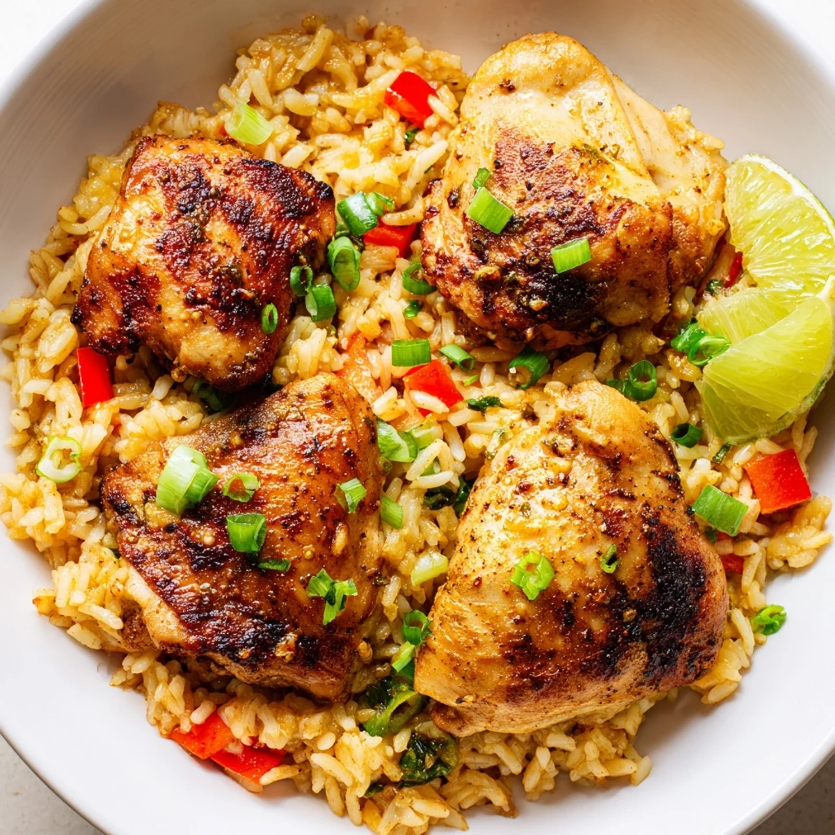 Spicy jerk chicken rice steaming in a rich coconut broth topped with spring onions and lime