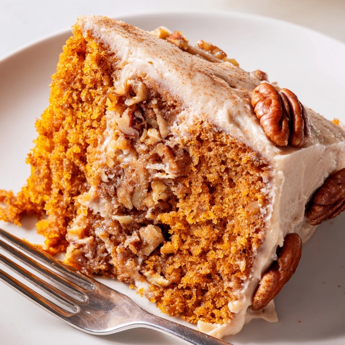A warm slice of pumpkin pecan cake topped with creamy cinnamon icing on a rustic plate