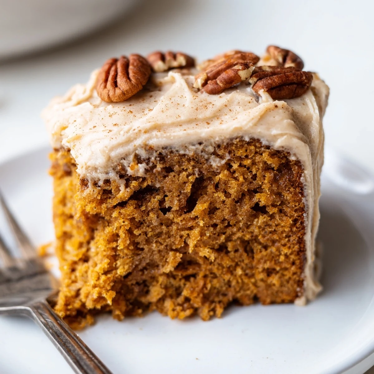 Moist pumpkin pecan cake with toasted pecan garnish and swirls of spiced cream cheese frosting