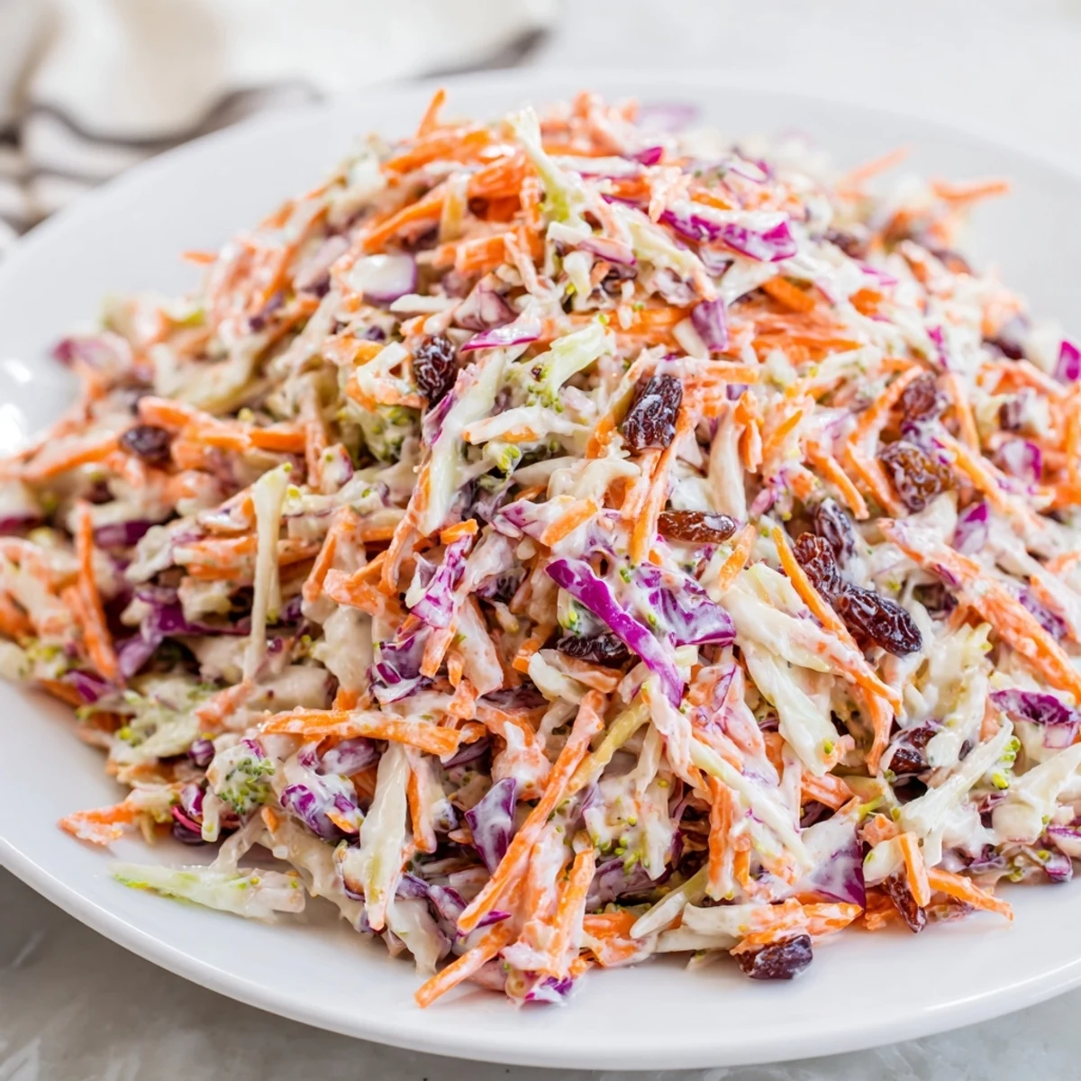 Creamy broccoli slaw topped with sunflower seeds and dried cranberries in a bowl