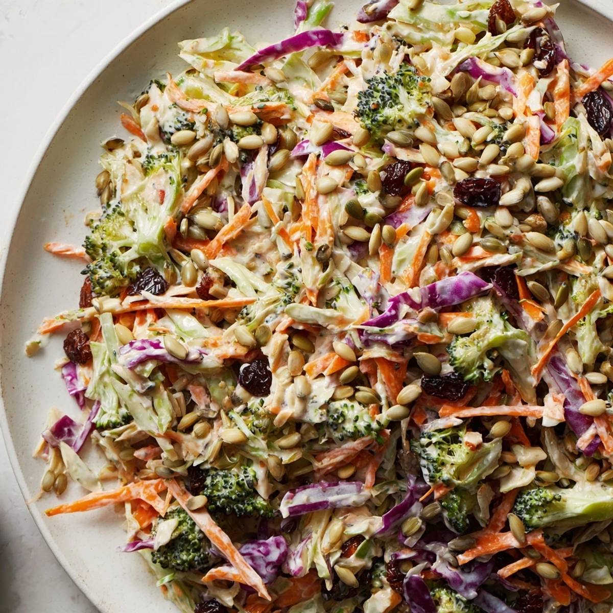 Vibrant broccoli slaw glistening with creamy dressing alongside red onion and cabbage