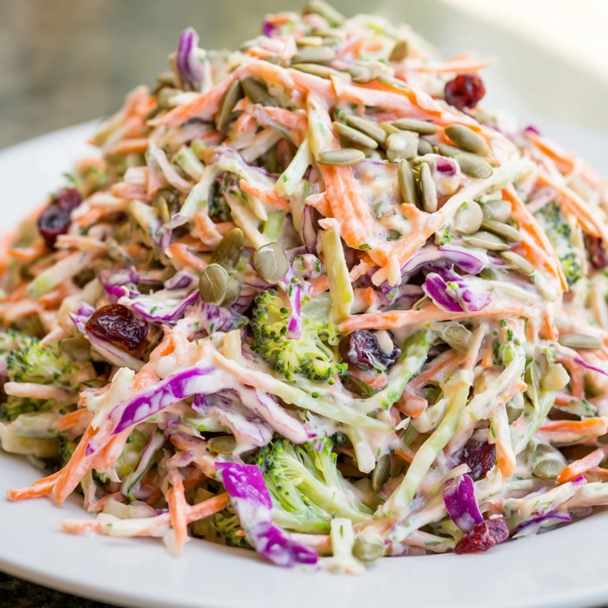 Crunchy broccoli slaw with shredded carrots and tangy dressing served at a picnic