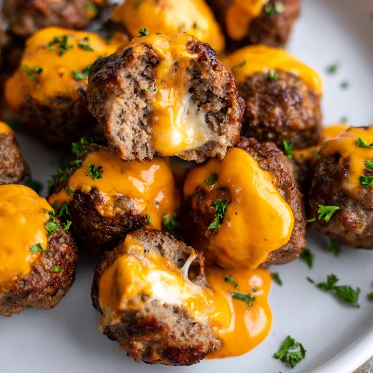 Juicy cheese stuffed meatballs with gooey mozzarella centers drizzled in bold cayenne cheese sauce