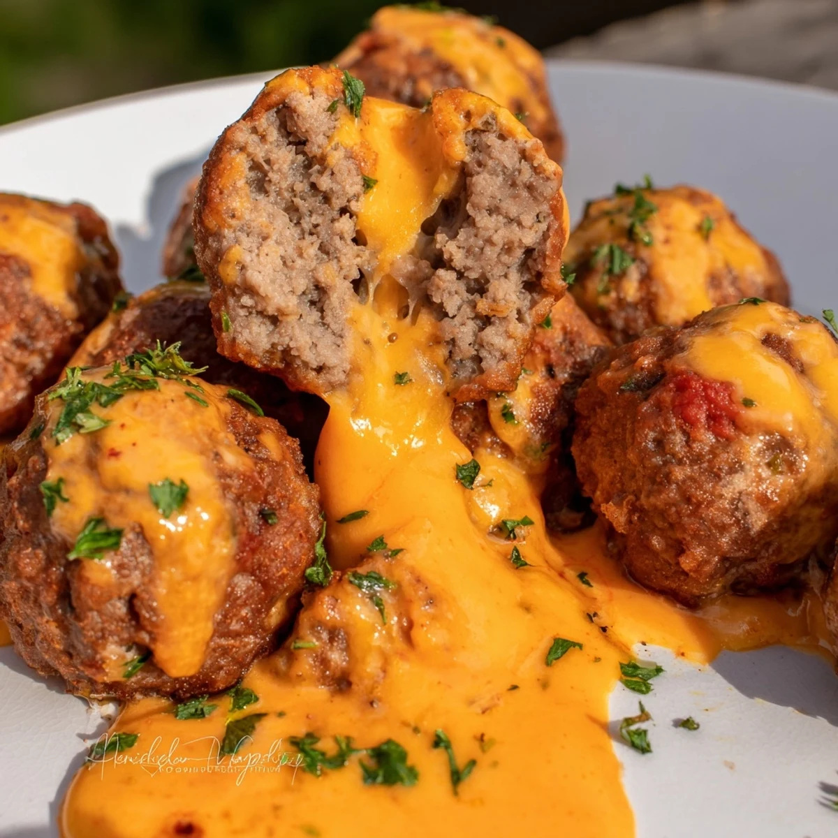 Golden cheese stuffed meatballs swimming in a smoky, spicy cheddar pepper jack sauce