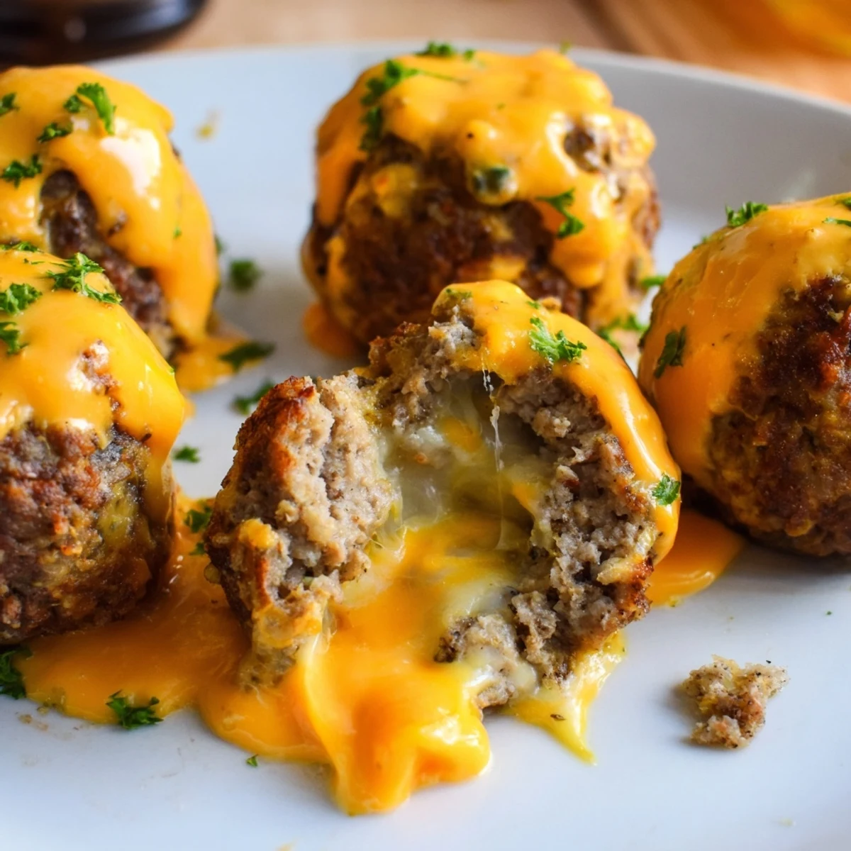 Cheese stuffed meatballs nestled in creamy pepper jack sauce garnished with fresh chopped parsley