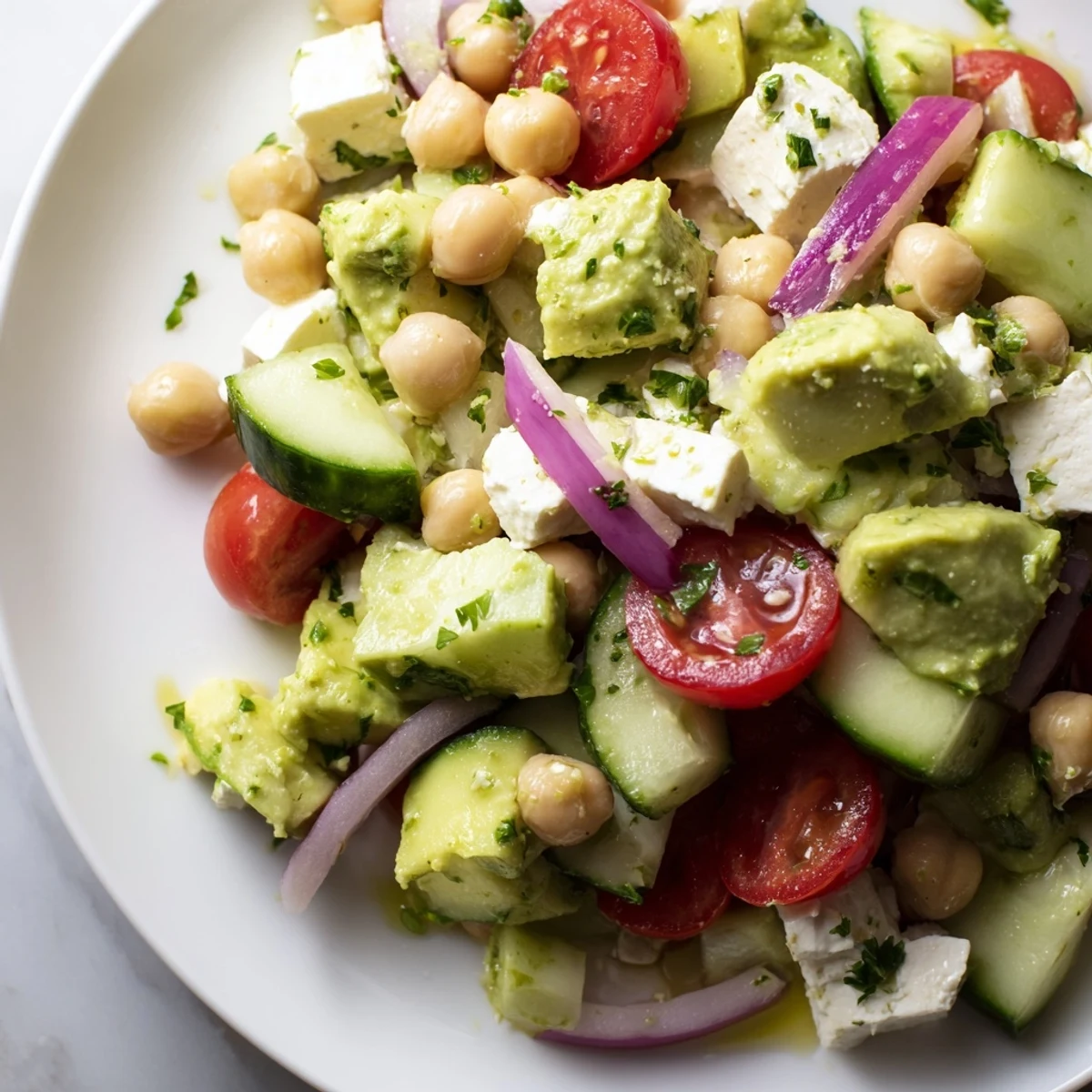 Creamy chickpea feta avocado salad in a bowl with juicy cherry tomatoes