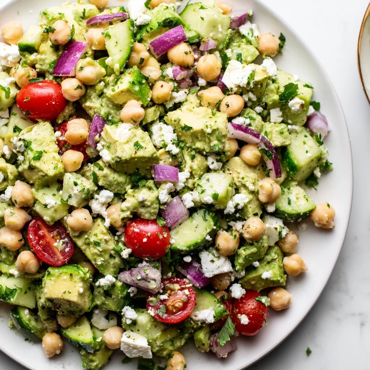 Bright Mediterranean chickpea feta avocado salad drizzled with lemon herb vinaigrette dressing