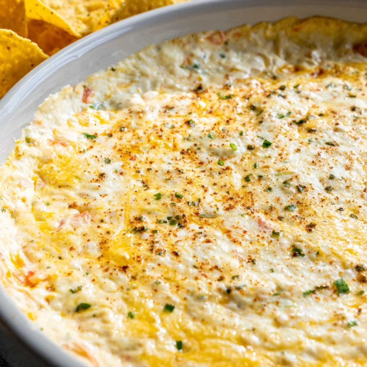 Warm cheese dip in a serving bowl surrounded by crispy tortilla chips ready for dipping