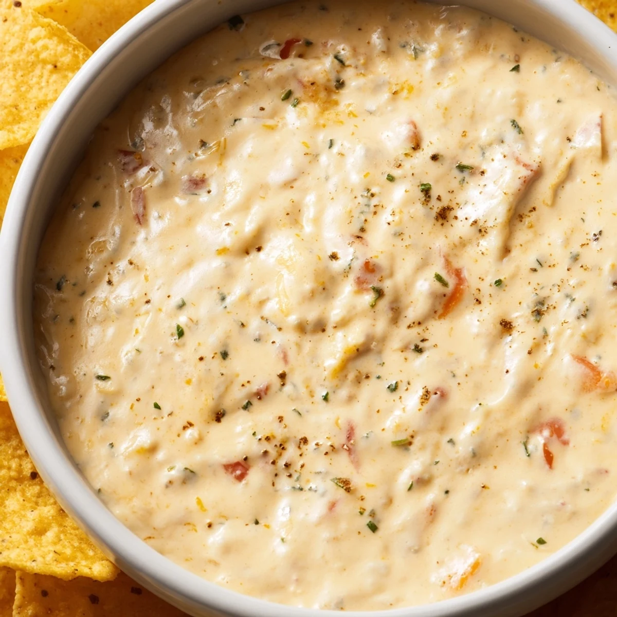 Creamy cheese dip topped with diced tomatoes and jalapeños steaming in a rustic bowl