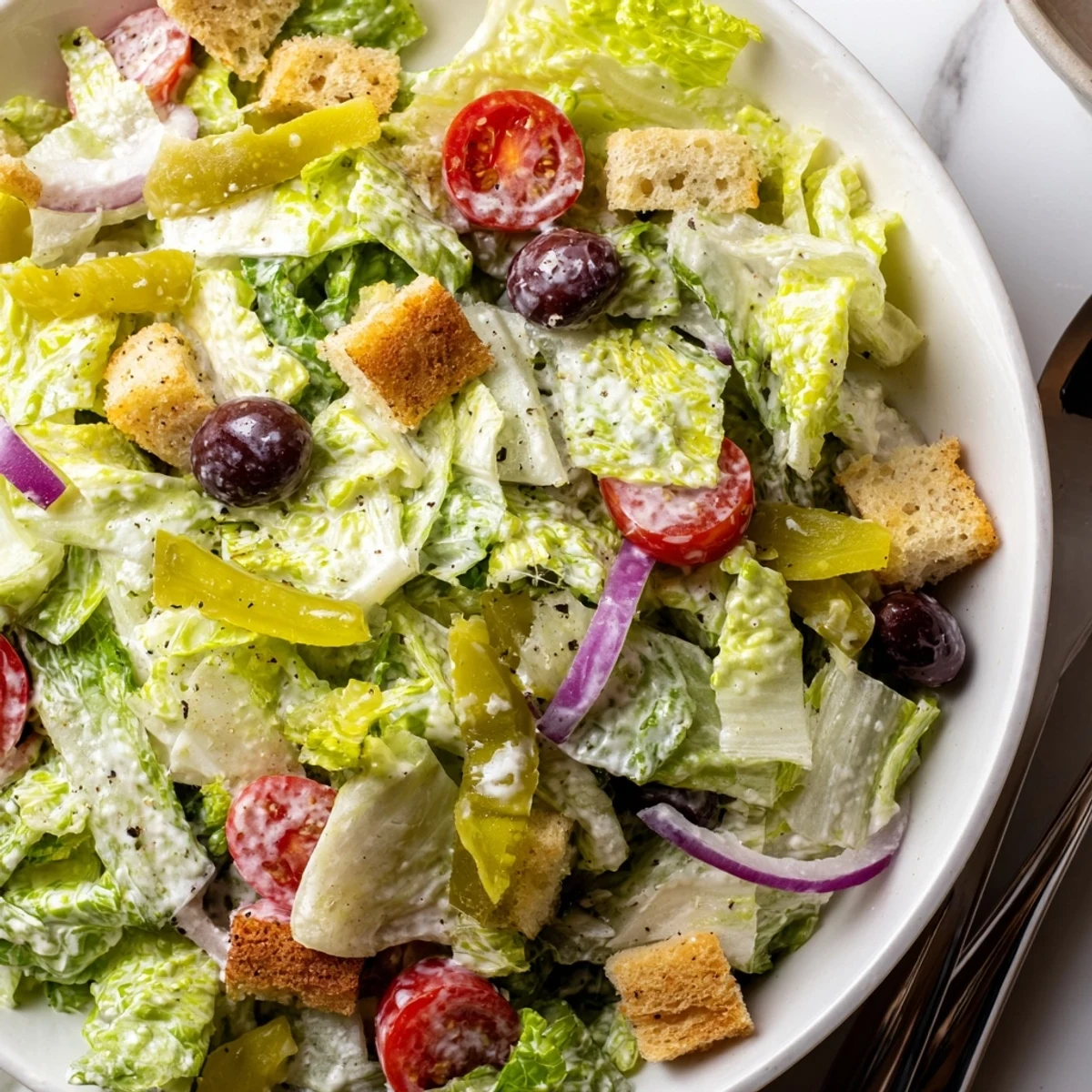 Fresh Olive Garden Salad in a bowl with crunchy croutons and shaved Parmesan