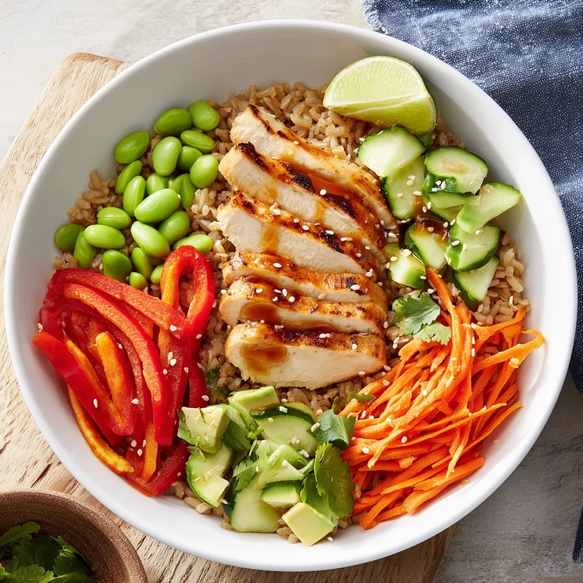Asian Inspired Chicken Power Bowl with colorful veggies and sesame drizzle on brown rice