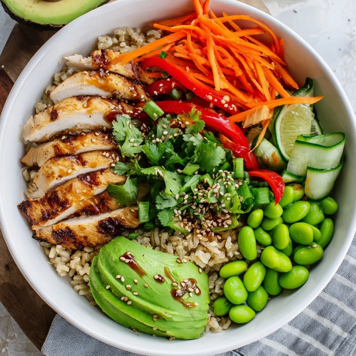 Grilled chicken served over crisp vegetables in a vibrant Asian Inspired Chicken Power Bowl