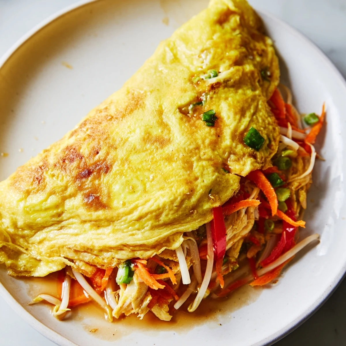 Golden Chinese omelette folded over crisp vegetables and tender shredded chicken
